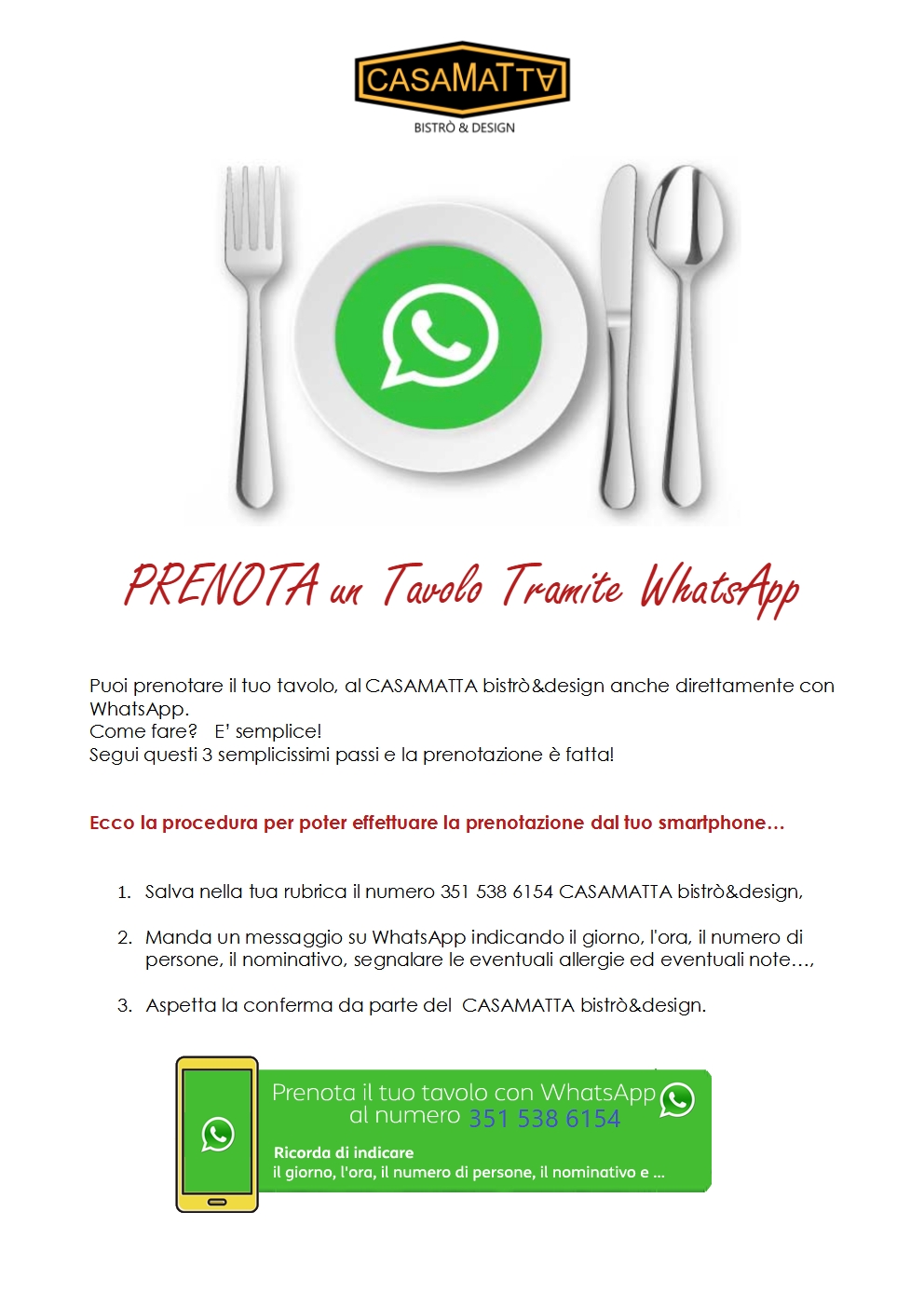 PRENOTA un Tavolo Tramite WhatsApp